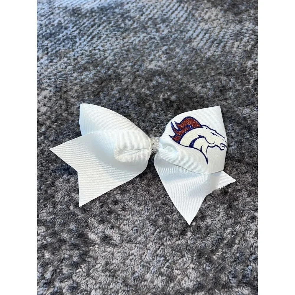 DENVER BRONCOS White Logo Crystals Hair Bow Football